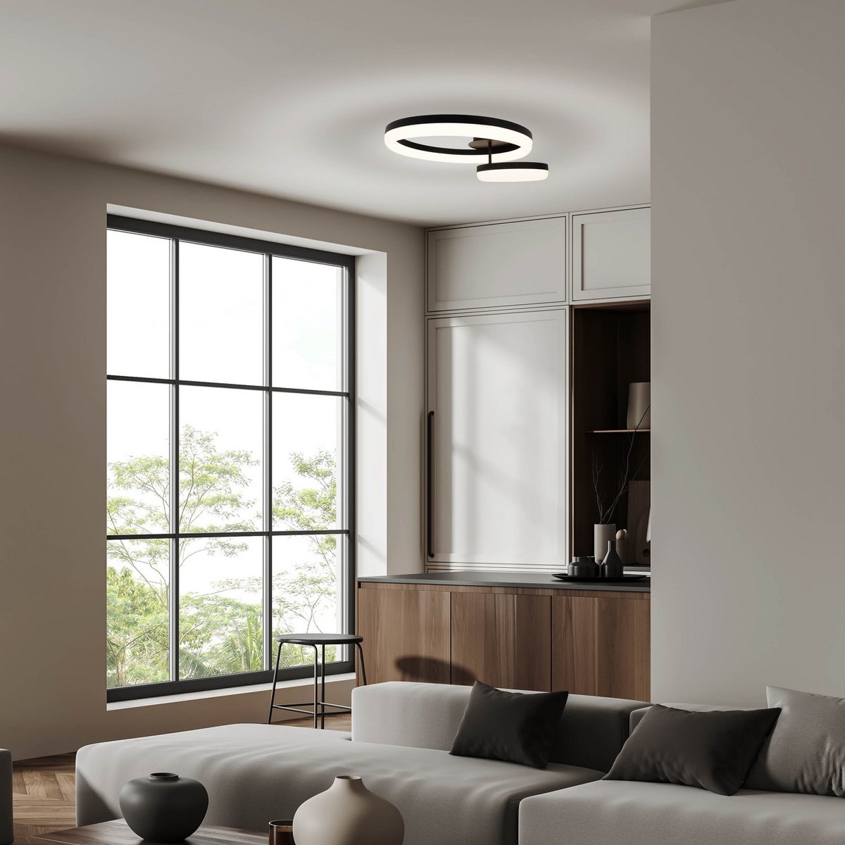 LED CCT-plafondlicht "Circulo" gemaakt van zwart metaal en zandkleurig plastic 53 cm lang