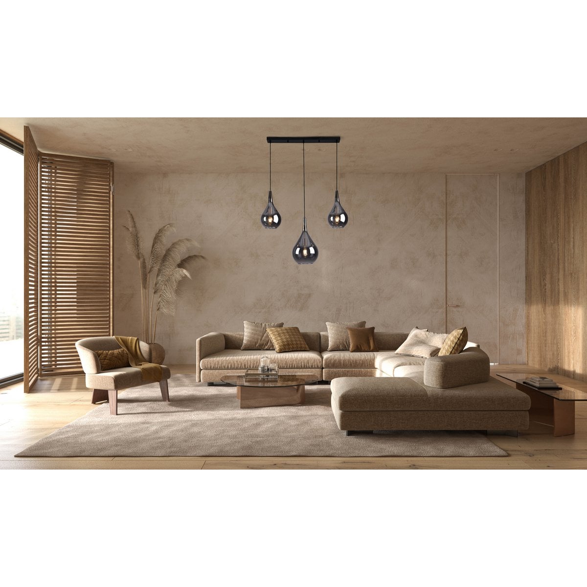 3-be hanglamp "Gota", retro klassieke hanglamp gemaakt van zwart rookglas met E27-frames, 88 cm lang, 150 hoog, ideaal voor eetkamer, woonkamer en keuken.