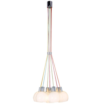 Hanglamp "regenboog-bowl" in totaal 120 cm hoog, 7 glazen schermen Ø 16 cm, gemaakt van chroomkleurig metaal, opaalwit glas en kleurrijke voeding, E14-versies