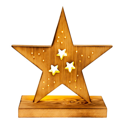 LED Wood Star 29 cm High Christmas Decorations gemaakt van hout in de natuur, met stevig geïnstalleerde LED's