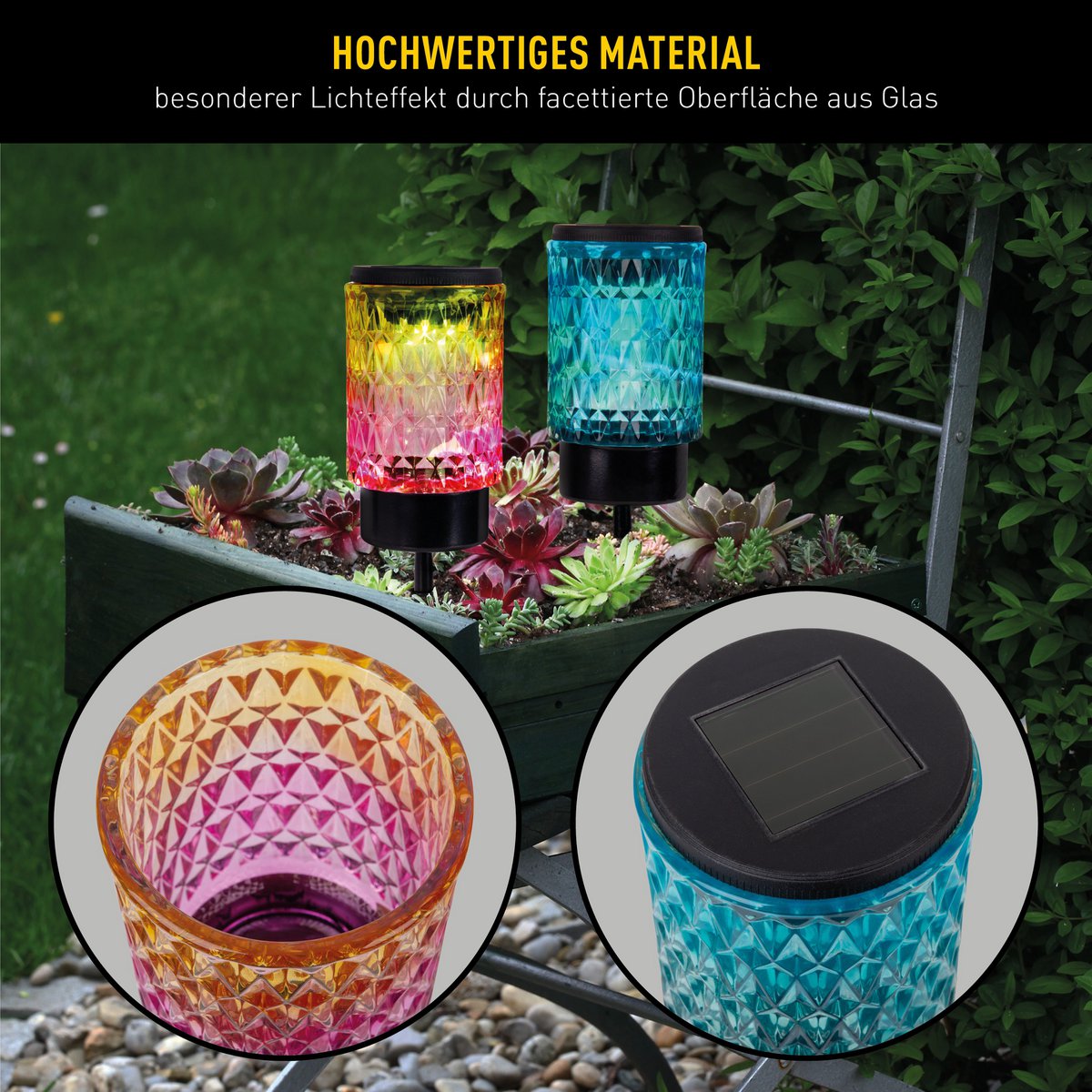 Zonne -decoratieve spiesjes "Mila" 2 set, Ø 8,3 cm, 25 cm hoog, zwart metaal, zwaar, gestructureerd glas in rood/geel en in blauw/groen, geïntegreerd LED, warm wit