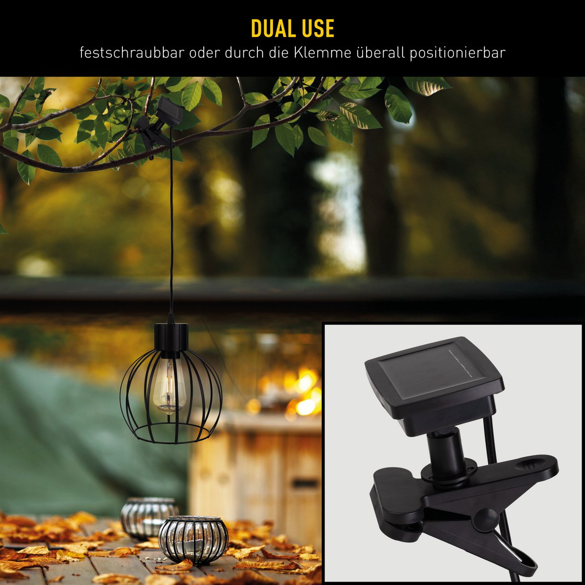 Solar / hanger lamp "rooster" gemaakt van zwart metaal, Ø 20 cm, inclusief stevig geïnstalleerde lampen, warm wit, voor de buitenruimte