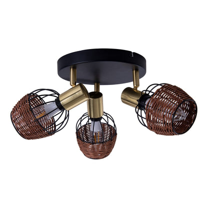 3 "Corbis" plafond Rondel, metalen plek in zwart, met goud en rattan, met E14 -aansluiting, voor eetkamer, woonkamer, gang of kantoor, verlichting voor woonkamer, eetkamer of kantoor, 38 cm diameter, diameter van 38 cm