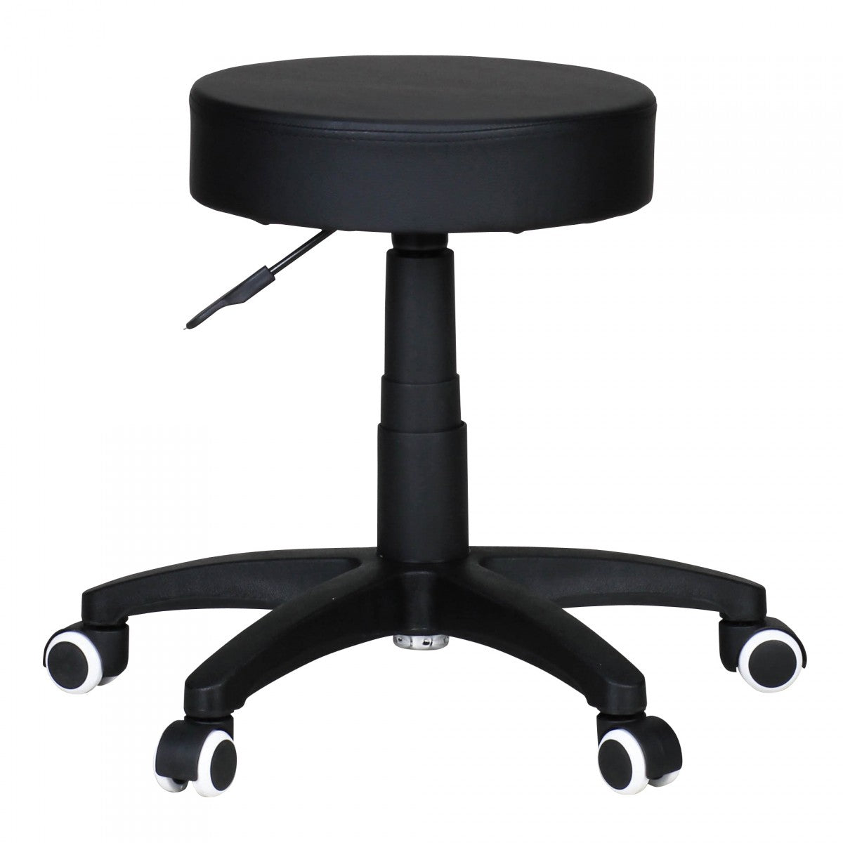 stool, design work stool, imitation leather, black, stool with rollers, capitonné stool without backrest