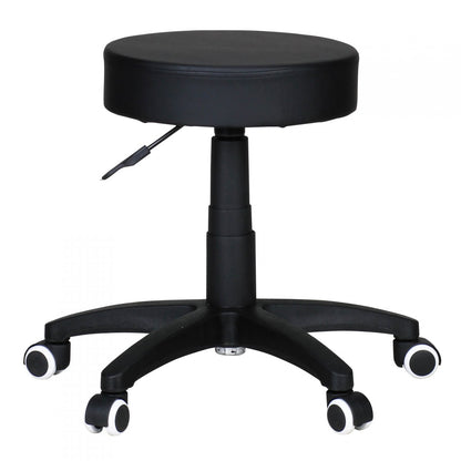stool, design work stool, imitation leather, black, stool with rollers, capitonné stool without backrest