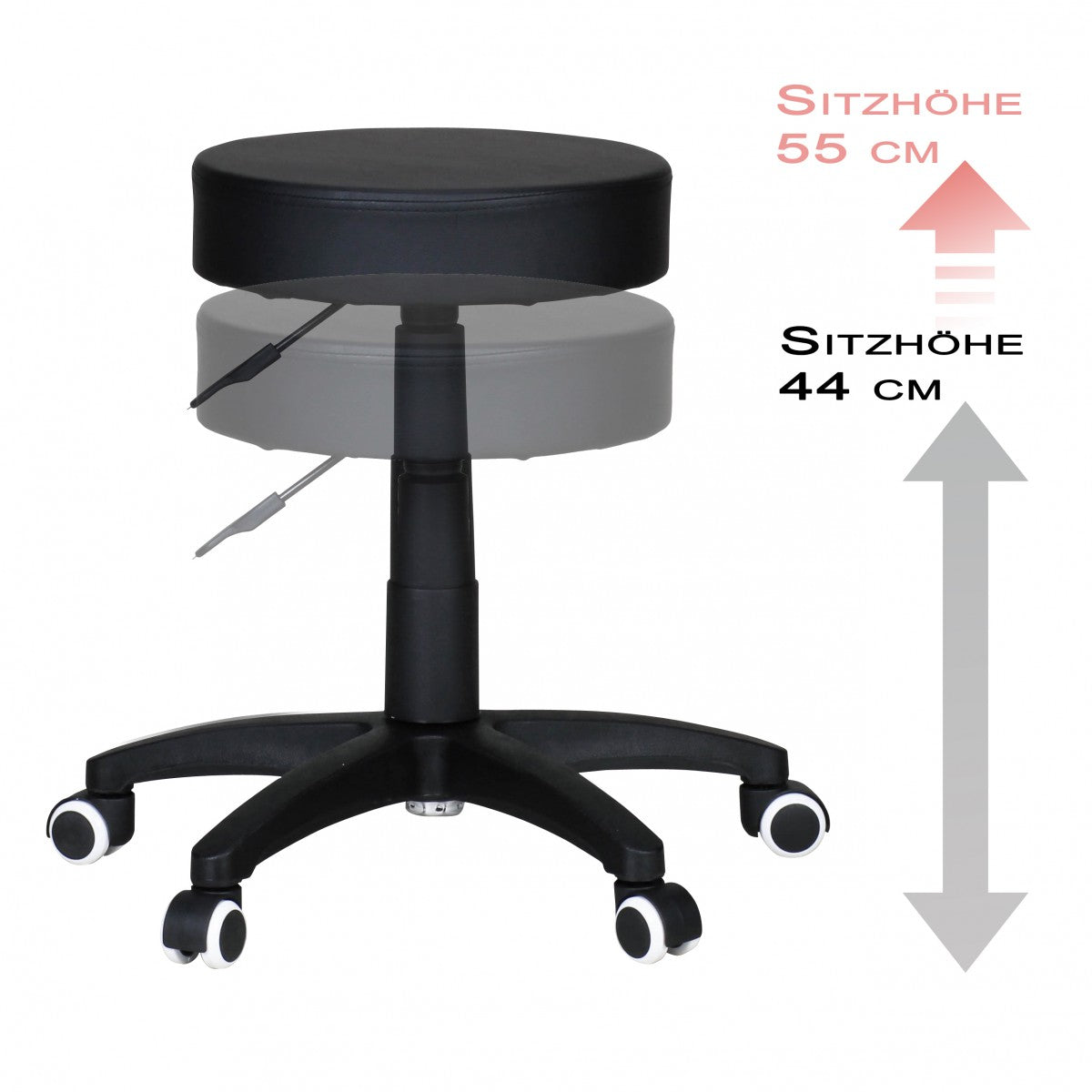 stool, design work stool, imitation leather, black, stool with rollers, capitonné stool without backrest