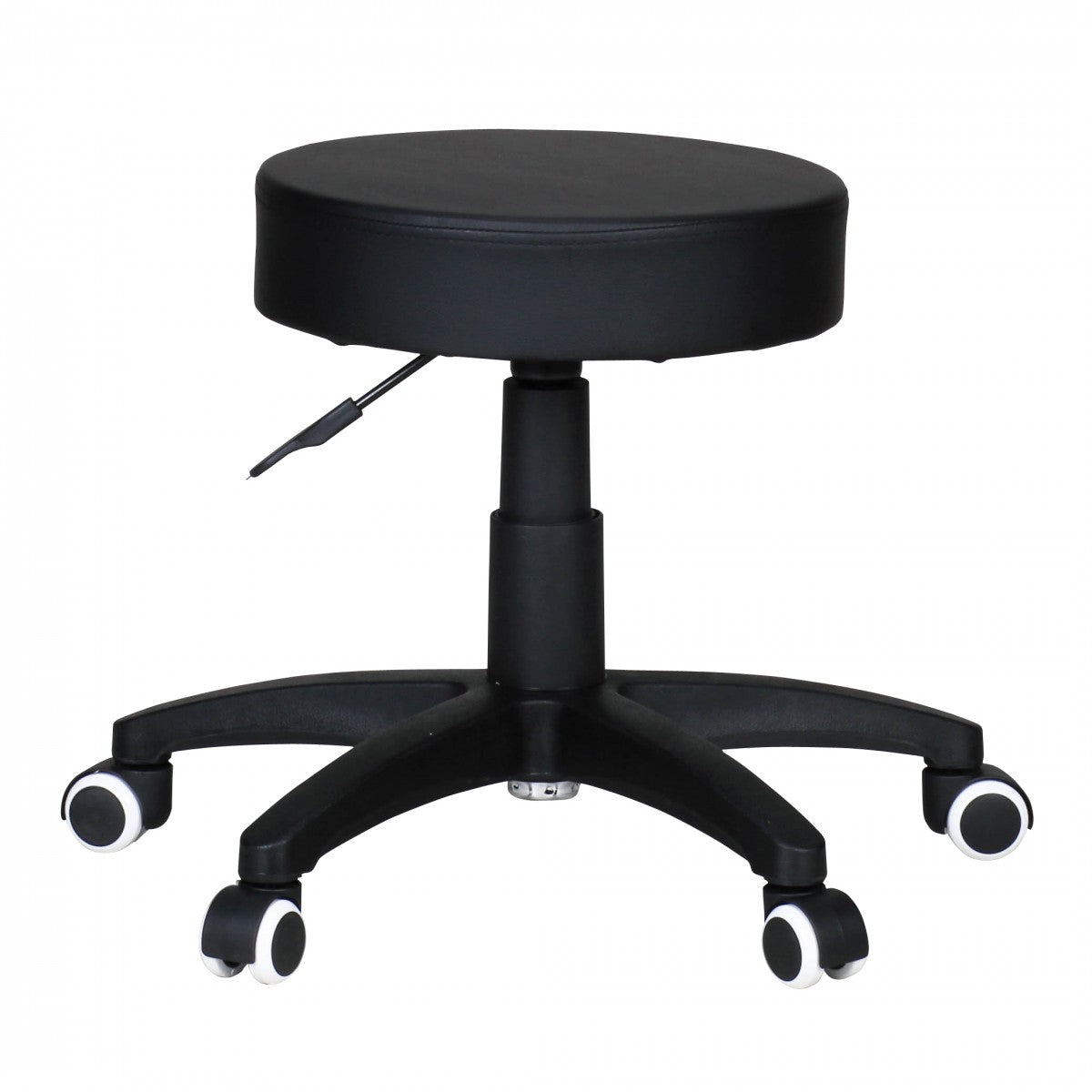 stool, design work stool, imitation leather, black, stool with rollers, capitonné stool without backrest