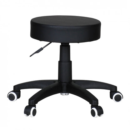 stool, design work stool, imitation leather, black, stool with rollers, capitonné stool without backrest
