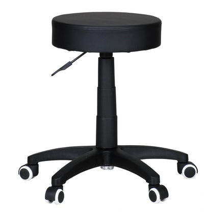 stool, design work stool, imitation leather, black, stool with rollers, capitonné stool without backrest