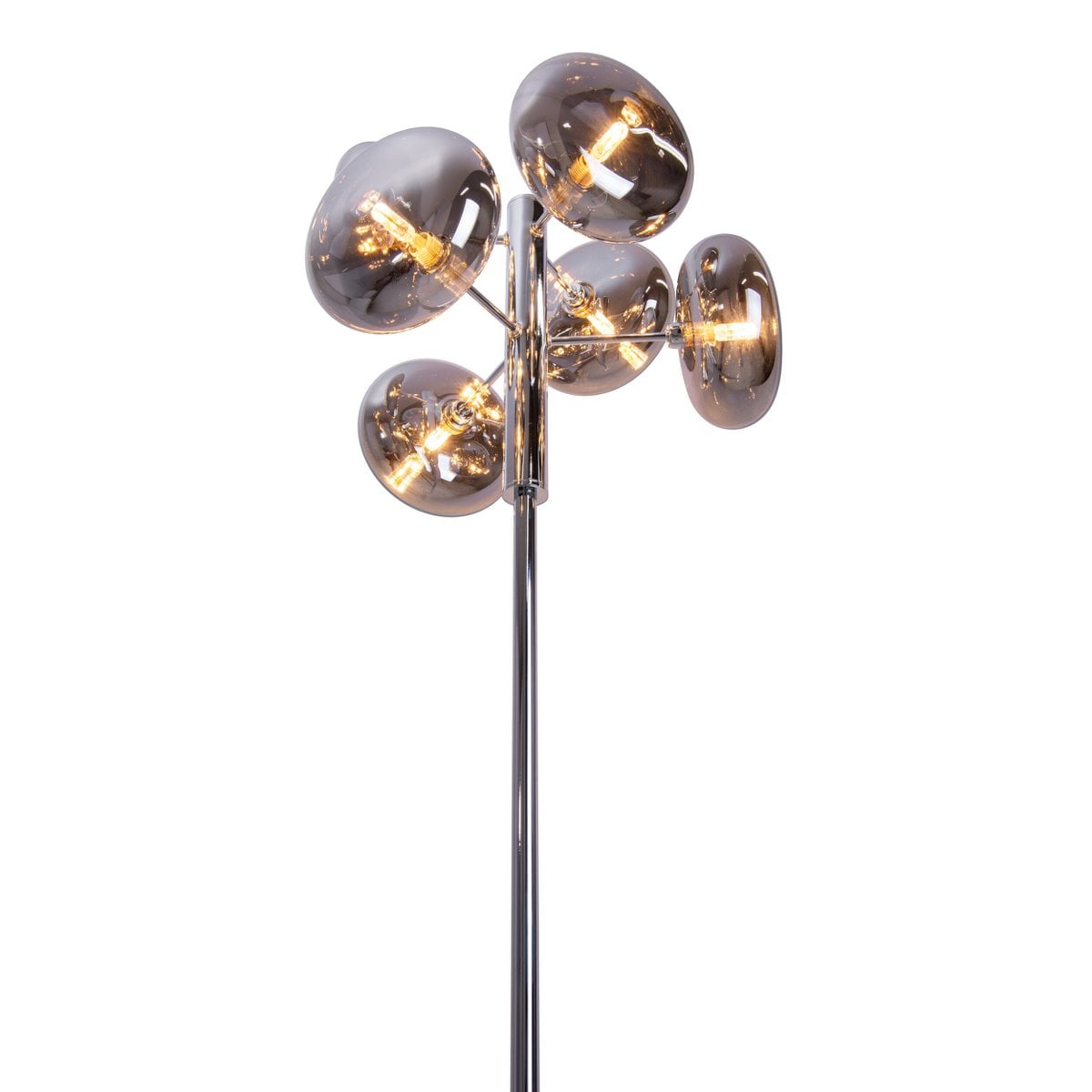 Staande lamp "Orion" rokerig, ongeveer 165 cm hoog, gemaakt van chroomkleurig, roestvrij staal en rookglas, G9-aansluiting, verlichting voor woonkamer, eetkamer of kantoor.