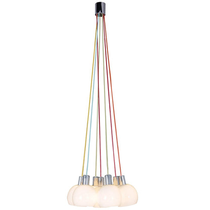 Hanglamp "regenboog-bowl" in totaal 120 cm hoog, 7 glazen schermen Ø 16 cm, gemaakt van chroomkleurig metaal, opaalwit glas en kleurrijke voeding, E14-versies