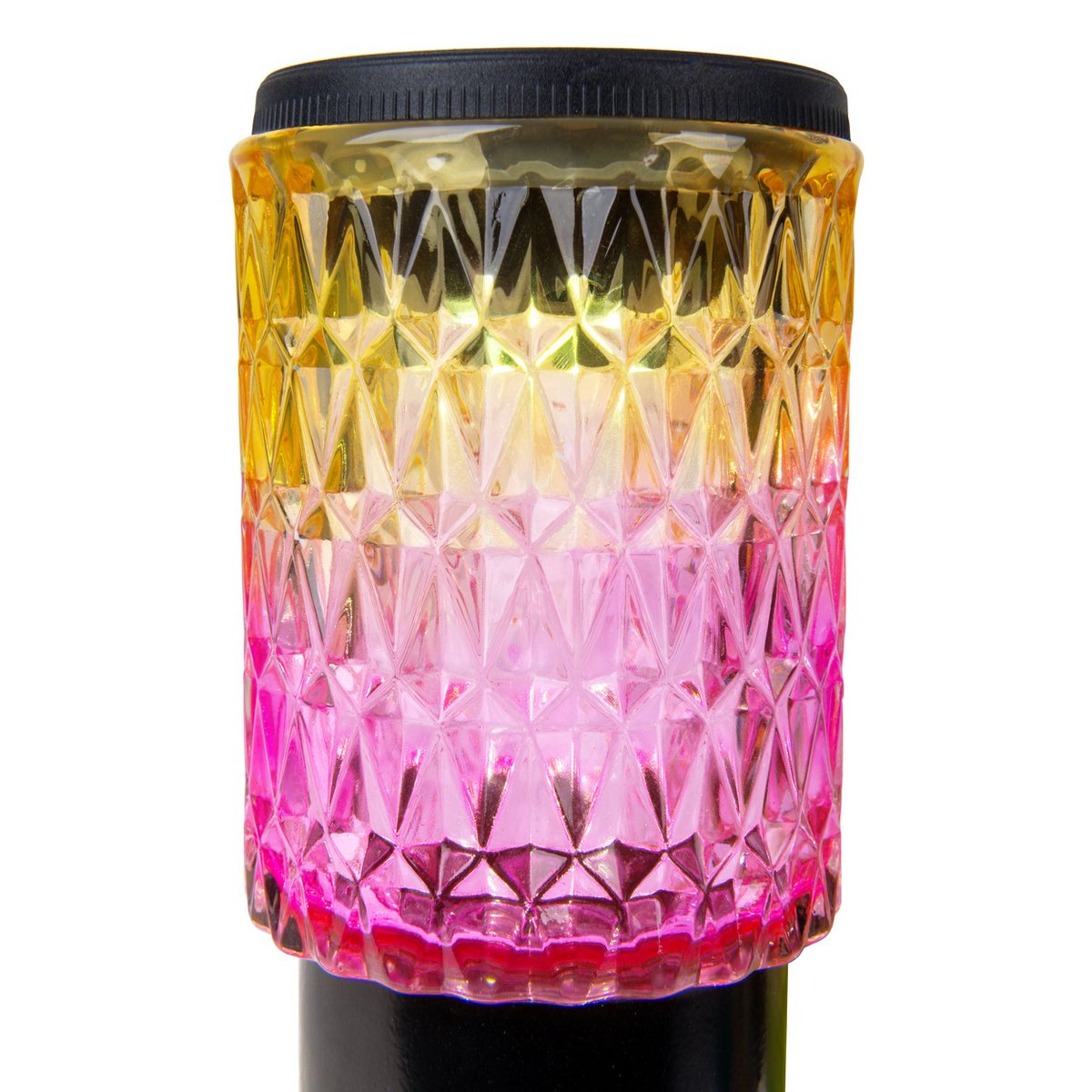 Zonne -decoratieve spiesjes "Mila" 2 set, Ø 8,3 cm, 25 cm hoog, zwart metaal, zwaar, gestructureerd glas in rood/geel en in blauw/groen, geïntegreerd LED, warm wit