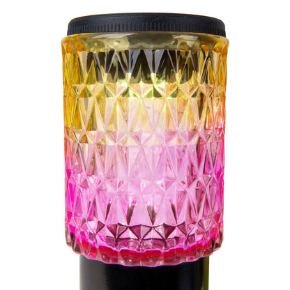 Zonne -decoratieve spiesjes "Mila" 2 set, Ø 8,3 cm, 25 cm hoog, zwart metaal, zwaar, gestructureerd glas in rood/geel en in blauw/groen, geïntegreerd LED, warm wit