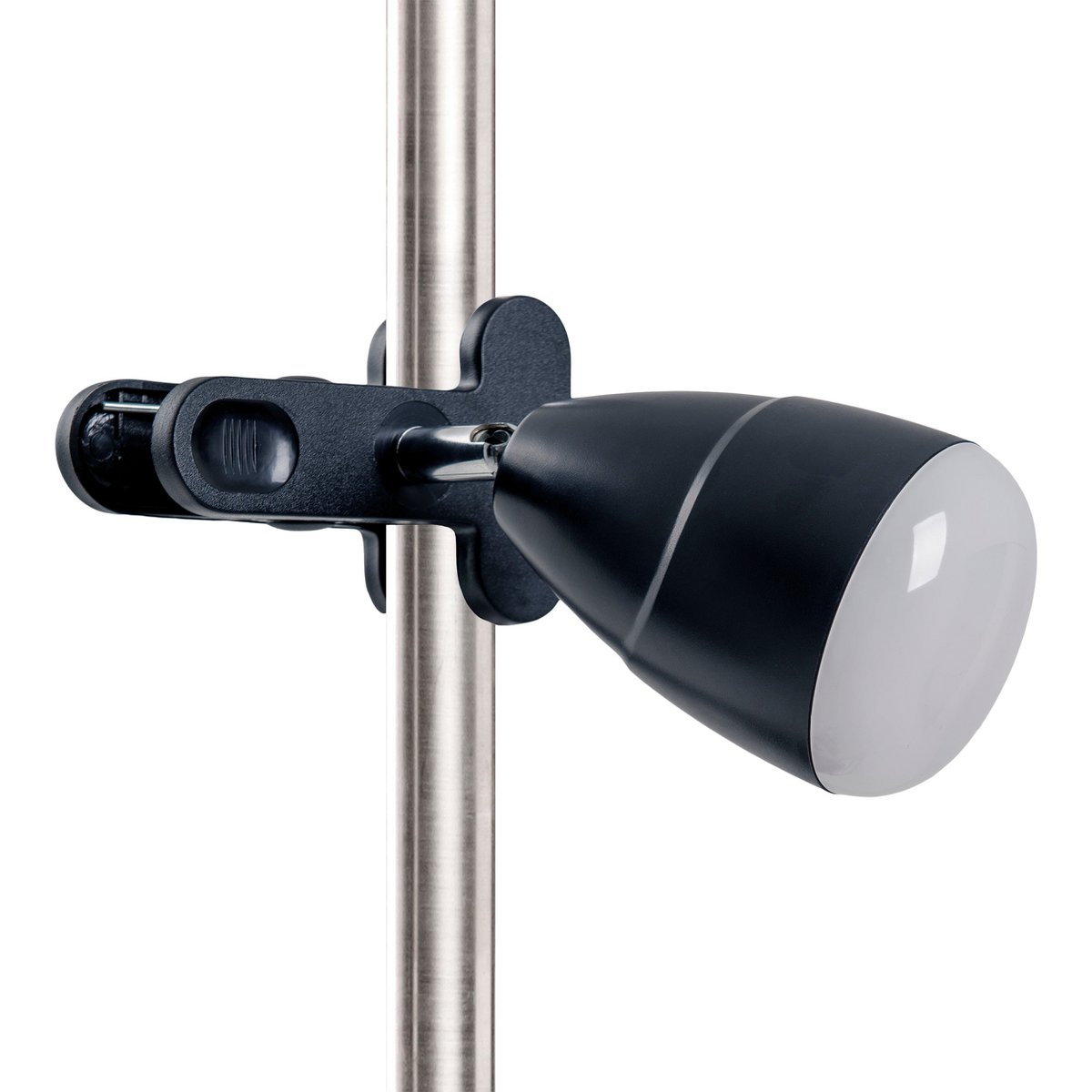 LED -klemlamp gemaakt van metaal en plastic in het zwart, met geïntegreerde LED's