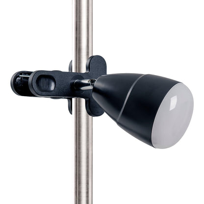 LED -klemlamp gemaakt van metaal en plastic in het zwart, met geïntegreerde LED's