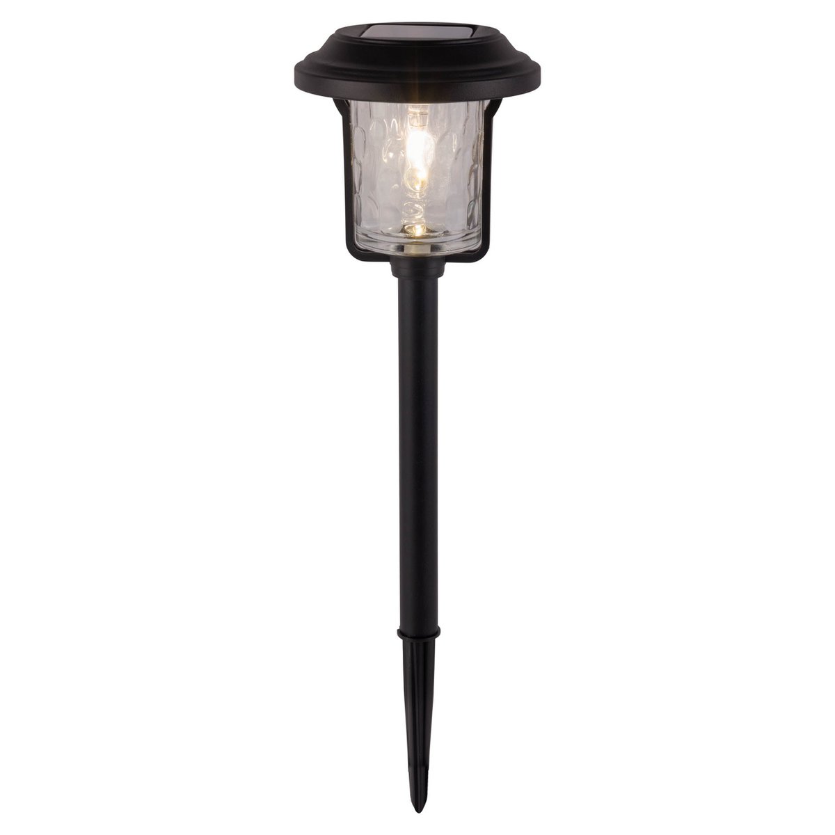 Solar-deco-earth spit "Simon" 54,7 cm hoog, gemaakt van zwart metaal en gestructureerd glas, geïntegreerde LED, warm wit.