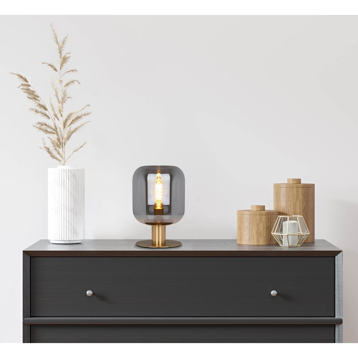 Glazen tafellicht "Alessio", 30 cm hoog, Ø 20 cm, goudkleurig metaal, rookglas, E14