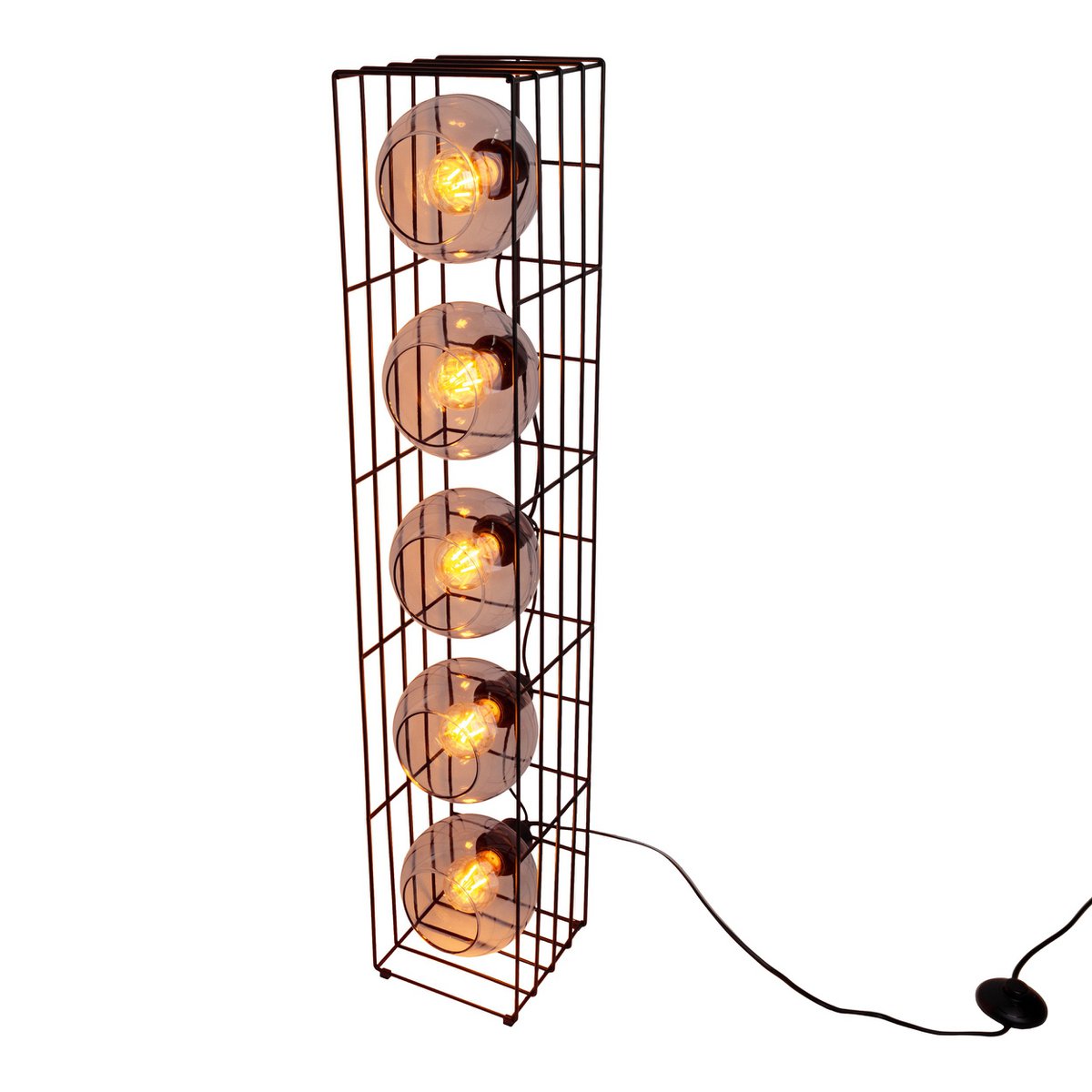 Glasse-stand-lamp "Cesta" vloerlamp gemaakt van zwarte metalen draad en getinte glas, met E27-aansluiting, 95 cm hoog, voor eetkamer, woonkamer, gang of kantoor,