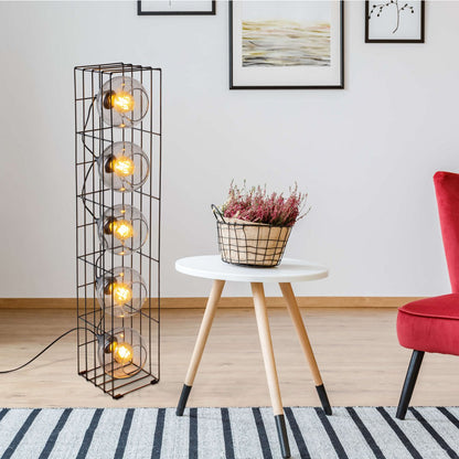 Glasse-stand-lamp "Cesta" vloerlamp gemaakt van zwarte metalen draad en getinte glas, met E27-aansluiting, 95 cm hoog, voor eetkamer, woonkamer, gang of kantoor,