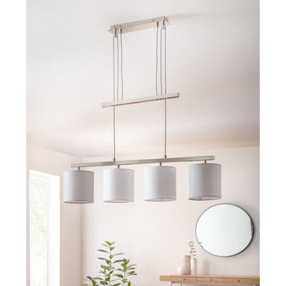 4 hanglamp "tilde", klassieke metalen slinger lamp en textiel in grijs en wit, met E27 -frame, hoogte verstelbaar, 86 cm lang, ideaal als eetlamp