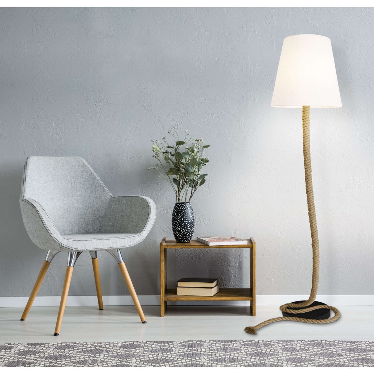 Staande lamp "touw" gemaakt van metaal, plastic, jute en textielmateriaal in de natuur, met E27 -versie, verlichting voor woonkamer, eetkamer of kantoor, 165 cm hoog