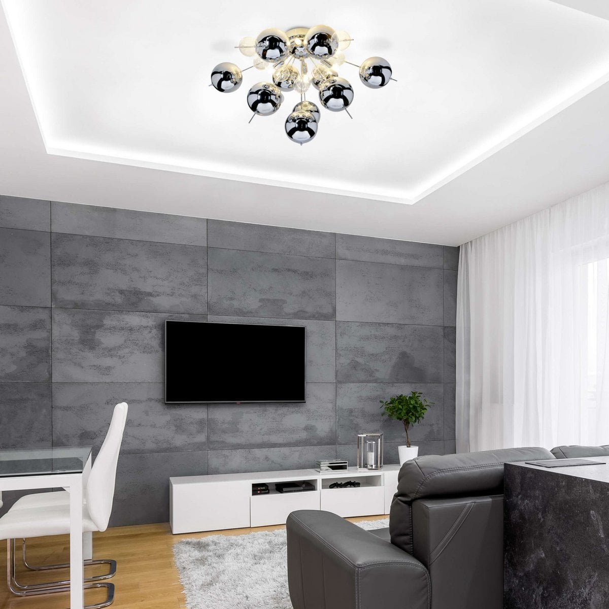 Plafondlamp "explosie" chroom gemaakt van metaal en glas, G9 -versies, plafondlamp voor eetkamer, woonkamer, gang of kantoor, Ø57 cm