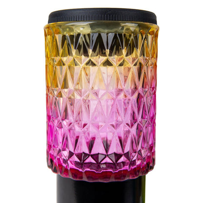 Zonne -decoratieve spiesjes "Mila" 2 set, Ø 8,3 cm, 25 cm hoog, zwart metaal, zwaar, gestructureerd glas in rood/geel en in blauw/groen, geïntegreerd LED, warm wit