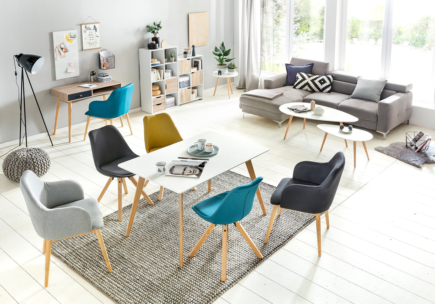 Set van 2 Retro Dining Chair lichtgrijs beklede stoel bekleding gecapitonneerde rugleuning design keuken Chair