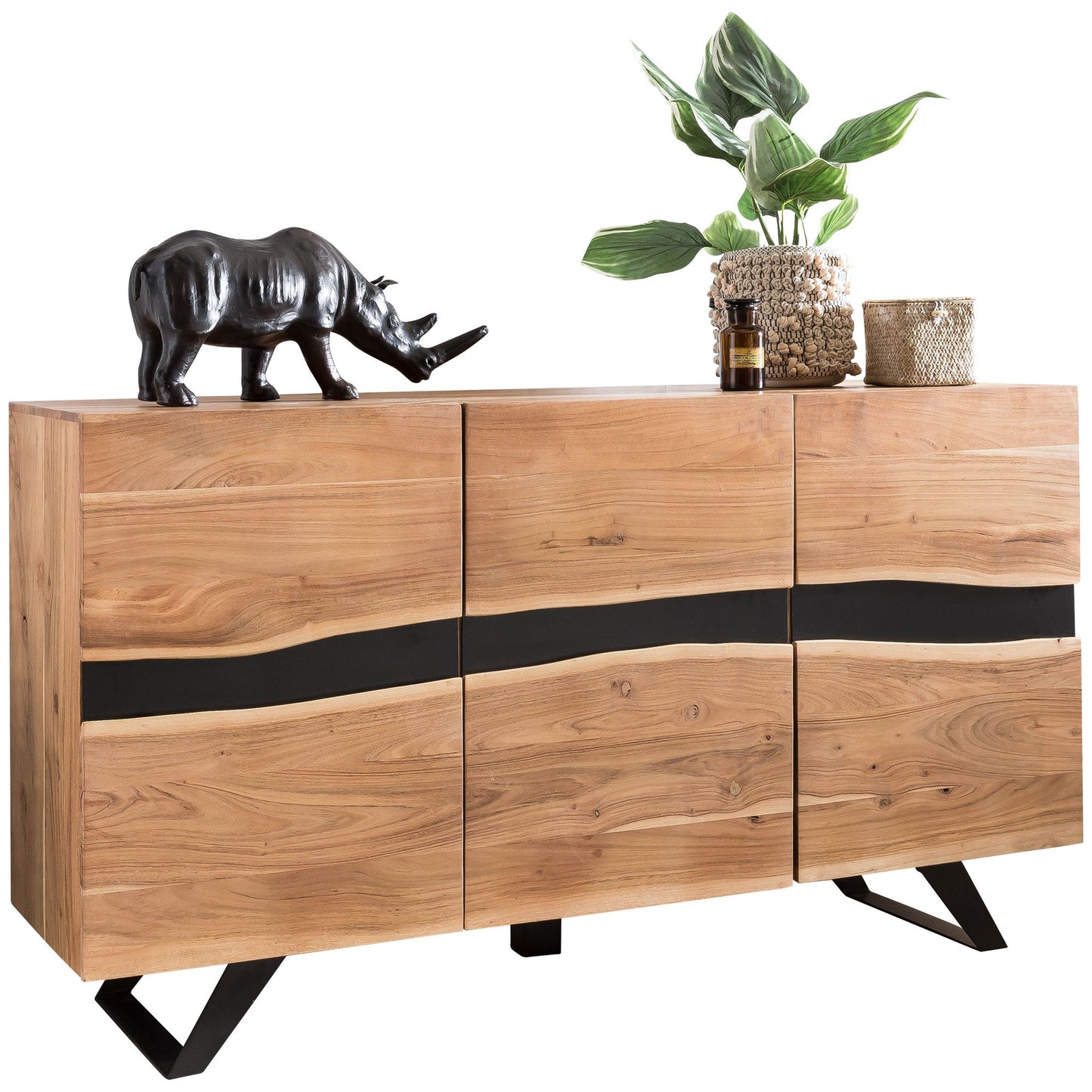 dressoir Satara 148 x 85 x 43 cm massief hout Acacia Natuurlijk Wane dressoir | Landelijke stijl Highboard met 3 deuren | Hal kast dressoir