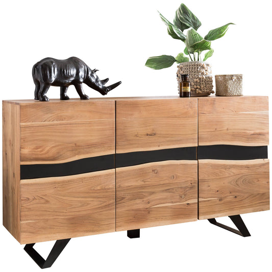dressoir Satara 148 x 85 x 43 cm massief hout Acacia Natuurlijk Wane dressoir | Landelijke stijl Highboard met 3 deuren | Hal kast dressoir