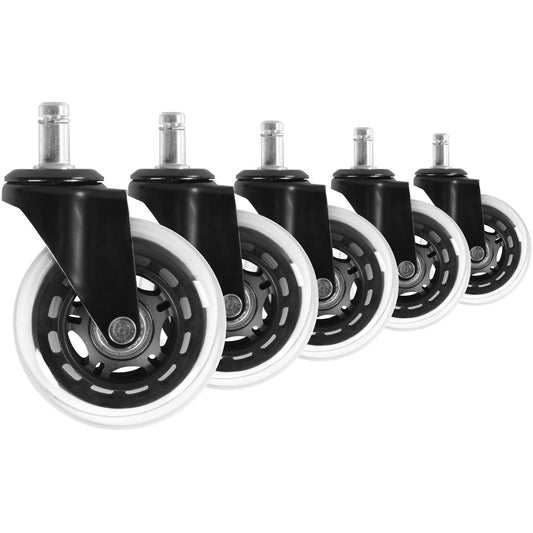 set van 5 gladde universele heavy duty wielen voor bureaustoel 11 mm pin / Diameter 75 mm | Rustig premium harde vloer wielen | Transparante zachte grond rollen