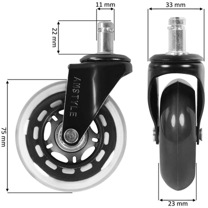 Set of 5 Smooth Universal Heavy Duty Wheels for Office Chair 11mm Pin / Diameter 75mm | Quiet Premium Hard Floor Casters | Transparent Soft Ground Rollers