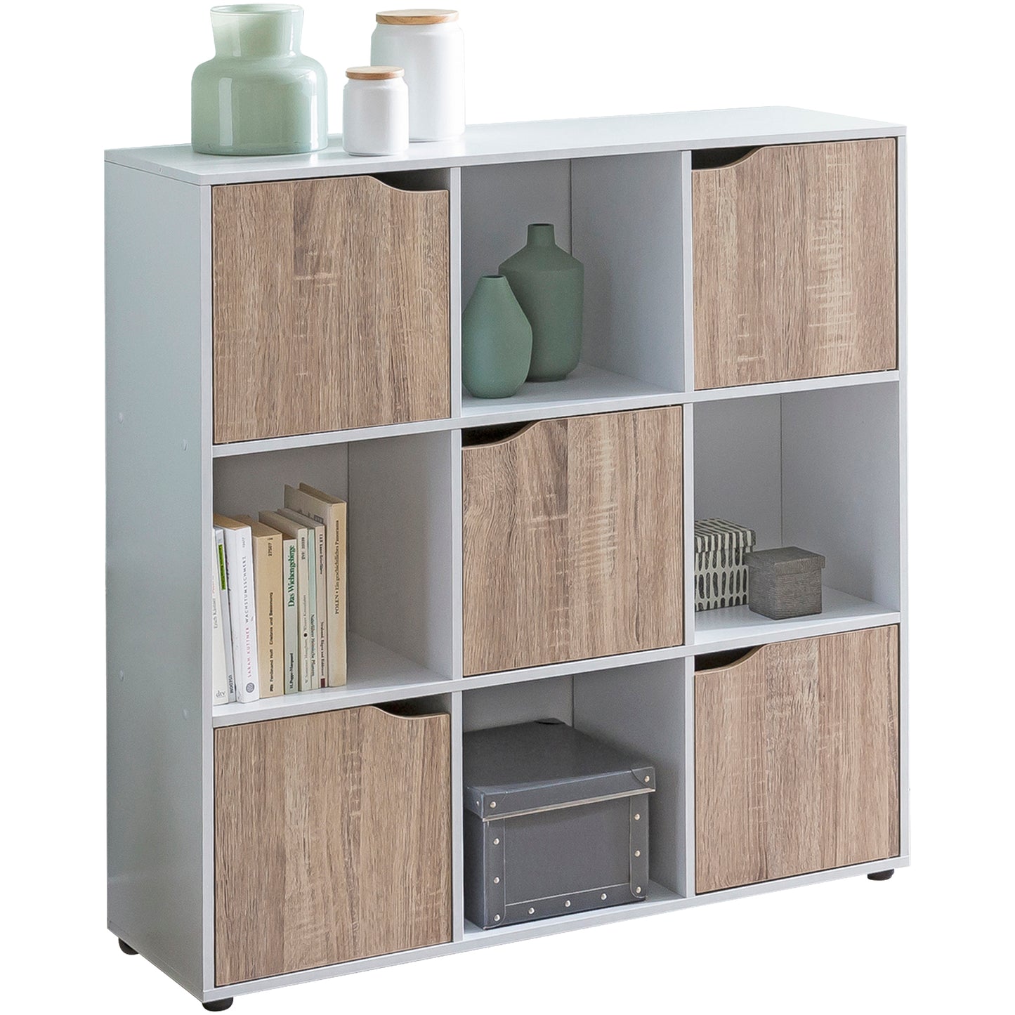 SAMO 89 x 91 x 29 cm Boekenkast met 9 vakken Sonoma | Standplank met 5 deuren | Moderne kubusplankruimteverdeler | Hal kast open | Cuberegal dressoir levende plank