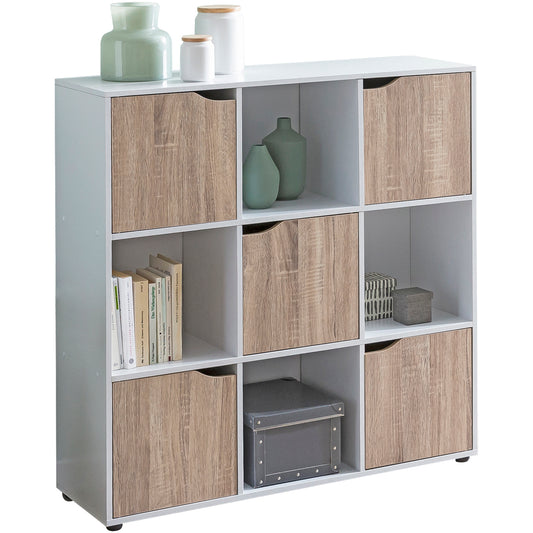 SAMO 89 x 91 x 29 cm Boekenkast met 9 vakken Sonoma | Standplank met 5 deuren | Moderne kubusplankruimteverdeler | Hal kast open | Cuberegal dressoir levende plank