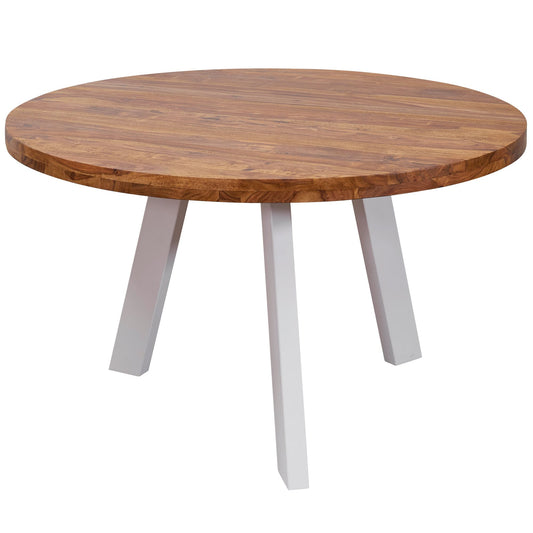 eetkamertafel WL5.652 rond 130x130x77 cm Sheesham Massive eettafelpoten wit | Ronde houten tafel met metalen poten | Massief houten eettafel Keukentafel massief hout | Eettafel echt hout