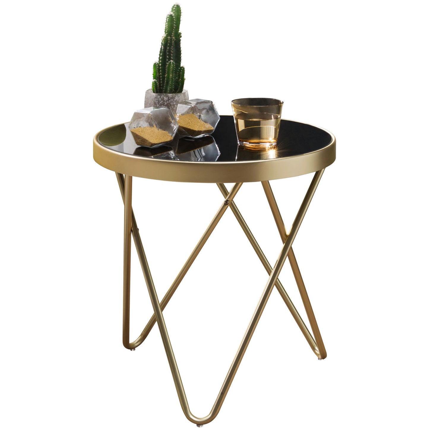 Design Bijzettafel DANA 42x46x42cm Rond Zwart / Mat Goud | Design glazen salontafel modern | Glazen tafel met metalen frame | Kleine salontafel | Ronde metalen tafel woonkamer