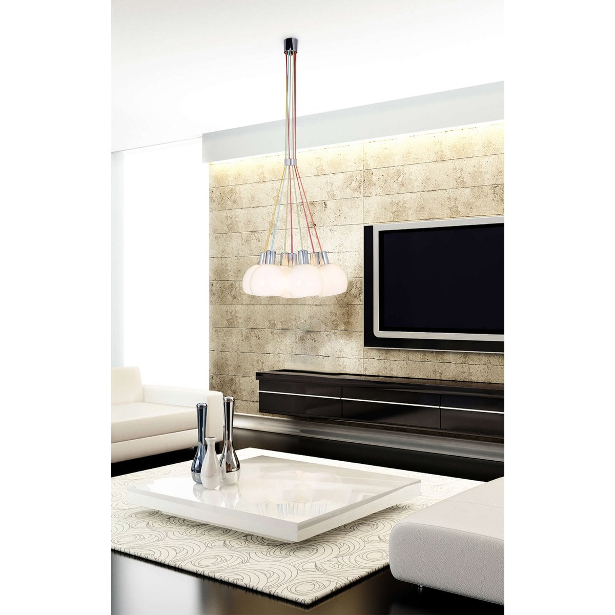 Hanglamp "regenboog-bowl" in totaal 120 cm hoog, 7 glazen schermen Ø 16 cm, gemaakt van chroomkleurig metaal, opaalwit glas en kleurrijke voeding, E14-versies