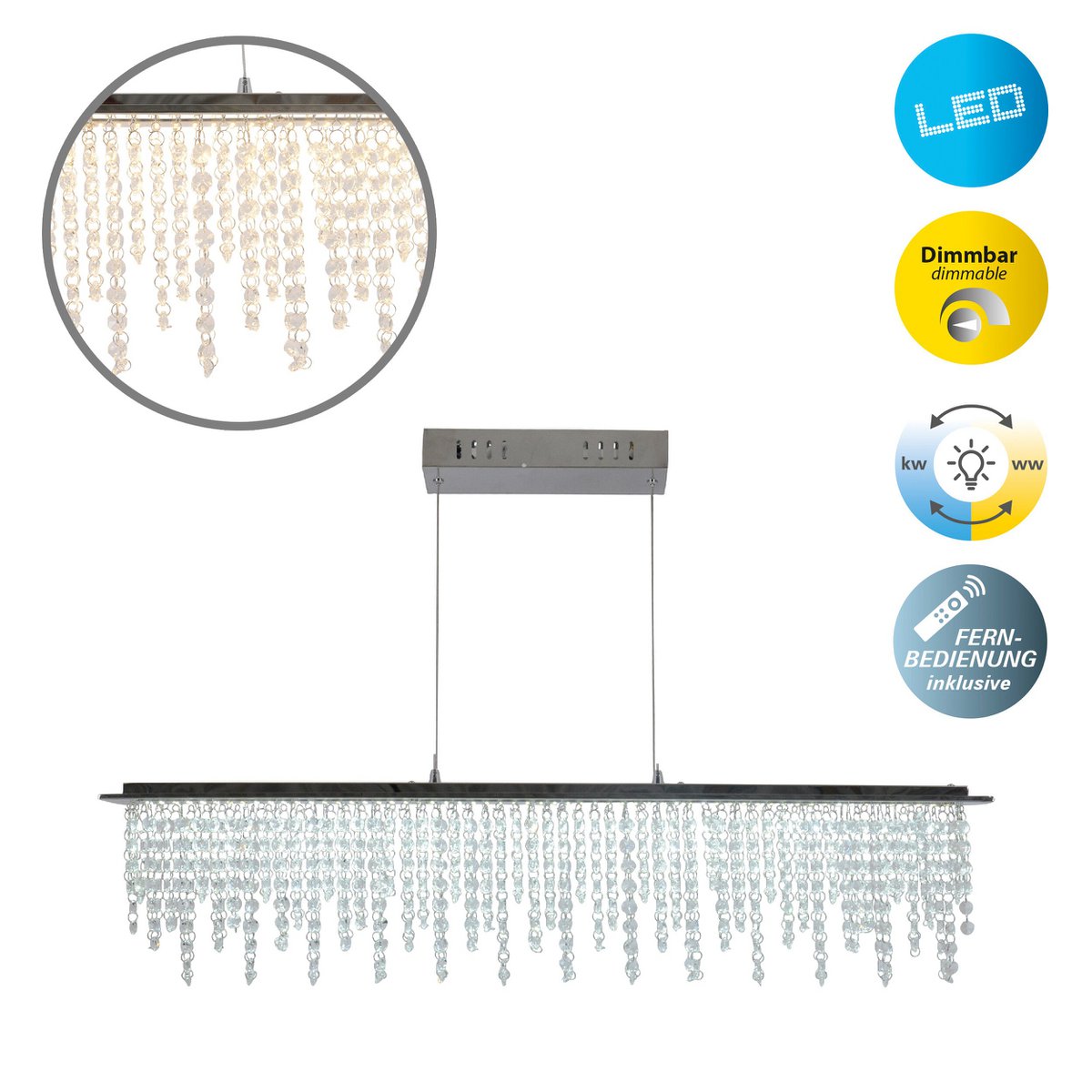 LED hanglamp "diamanten", hanglamp, metaal en kristalglas, chroom, met stevig gebouwd -in LED's, voor eetkamer, woonkamer, gang of kantoor, 120 cm lang