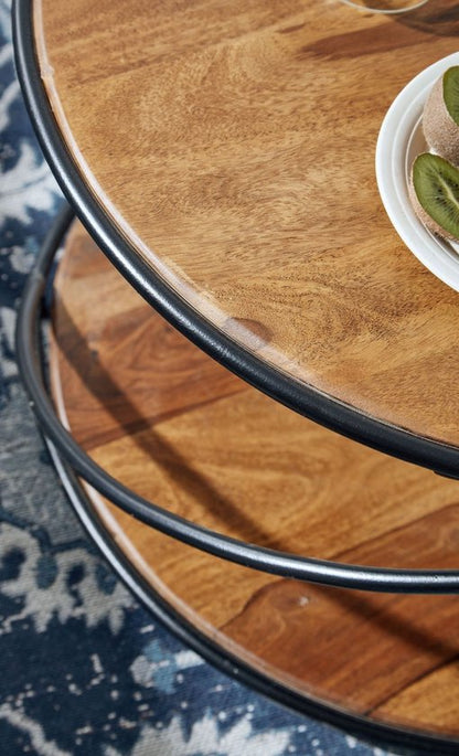 coffee table 58x58x35 cm solid sheesham wood / metal coffee table round | Designer coffee table solid | Small side table living room modern with storage