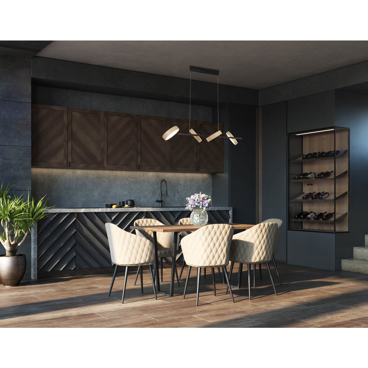 Led hanger lamp "Tessa" amandel, 150 cm hoog, 110 cm lang, gemaakt van metaal in matte amandel (Pantone 481 C) en zwart -wit plastic