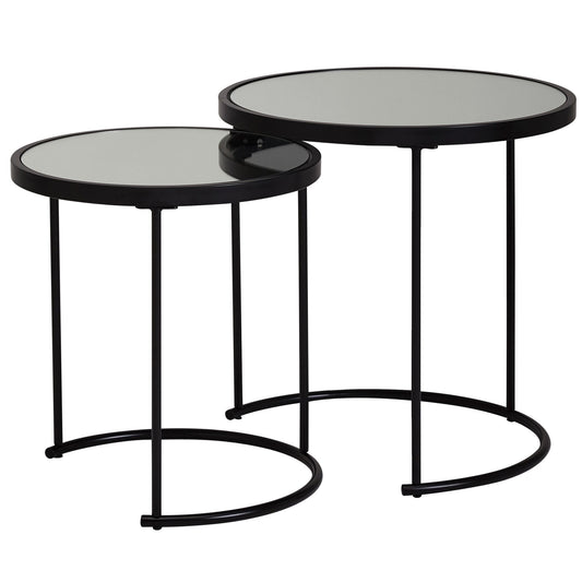design bijzettafel rond Ø 50/42 cm - 2 stuks zwart met spiegelglas | Salontafel set van 2 | Bijzettafel gespiegelde salontafel