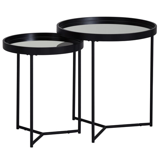 design bijzettafel rond Ø 50/36 cm - 2 stuks zwart met spiegelglazen bovenkant | Salontafel set van 2 | Bijzettafel gespiegelde salontafel
