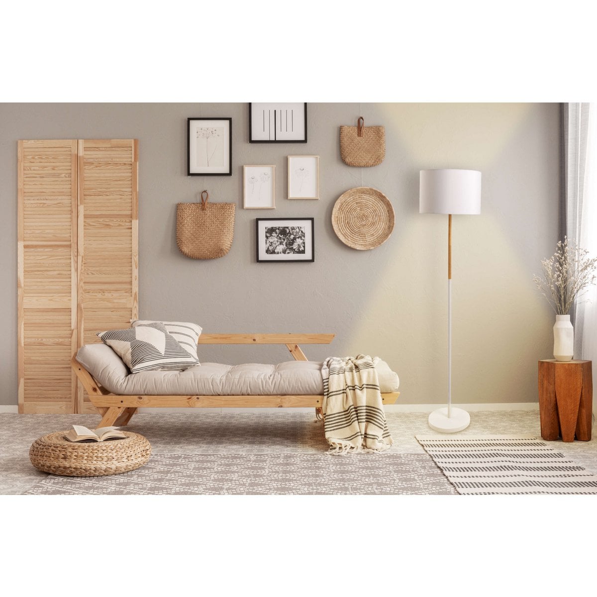 Textiel staande lamp "Tessile", vloerlamp gemaakt van metaal, rubberen boom en stof in wit en natuur, E27 -aansluiting, staande lamp 126 cm hoog