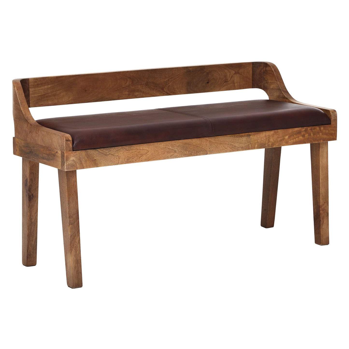 bank echt leer / massief houten bank 108x63x43 cm | Gestoffeerde bank met rugleuning bank gang slaapkamer bruin | Kleine lederen bedbank