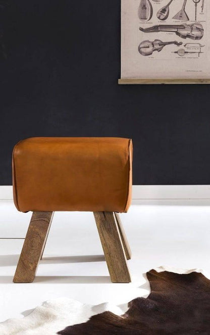 Kruk leer bruin massief houten springbok voetenbank gymnastiek kruk
