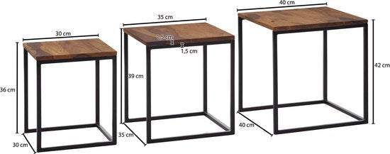 Sky Style- Set van 3 Sheesham Massief Hout / Metalen Bijzettafel Vierkant Modern | Design Salontafel 3-Delig | Woonkamer Tafels Ruimtebesparend | Houten Tafel Set Woonkamer Tafels