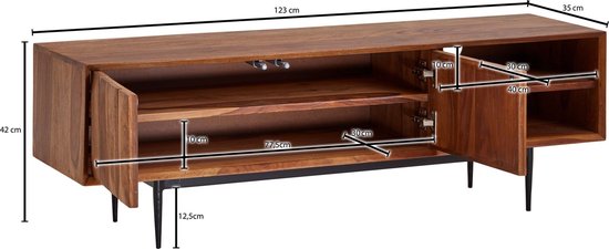 HiFi Lowboard Massief Sheesham-Hout TV-Dressoir 123x42x35 cm met twee Deuren | TV-Meubel Hoog | TV-Tafel TV-Bord Woonkamer Modern