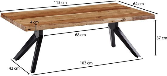 coffee table 115x37x64 cm solid acacia wood / metal tree edge | Designer square coffee table | Industrial brown living room table | Coffee table, wood, rectangular