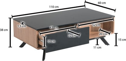 Coffee Table Massif MDF Oak Decor / Black 110x60x38 cm Coffee Table | Living Room Table Rectangular with Storage Space | Industrial Living Room Table with Drawers | Large Side Table