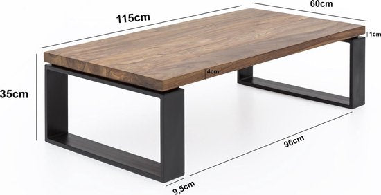 Salontafel WL5.650 Sheesham Massief houten salontafel 115x35x60 cm met metalen frame | Salontafel rechthoekig massief hout bruin | Houten tafel modern | Woonkamer met tafel